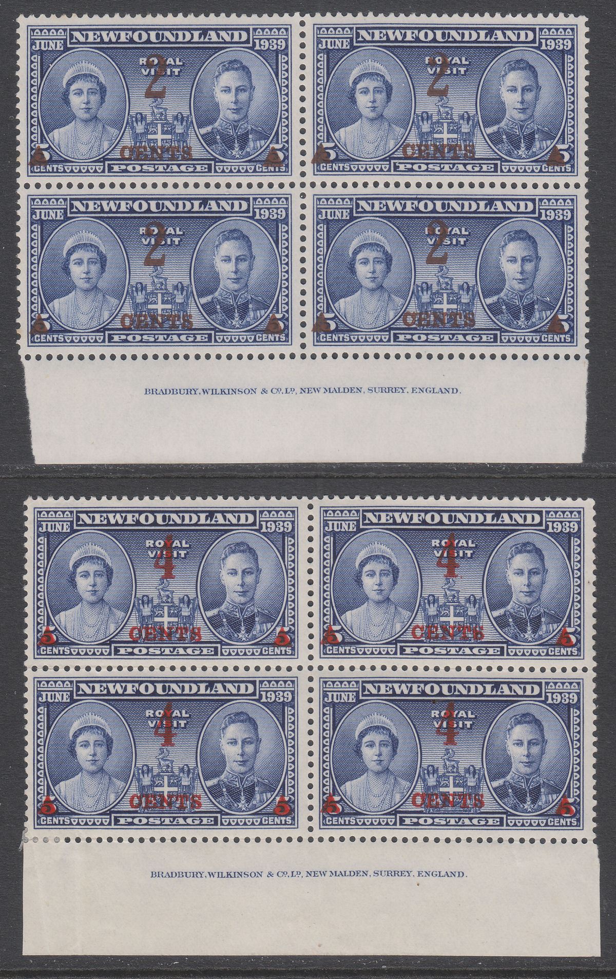 Newfoundland 1939 KGVI 2 on 5c, 4c on 5c Surcharge Imprint Blocks Mint SG273-274