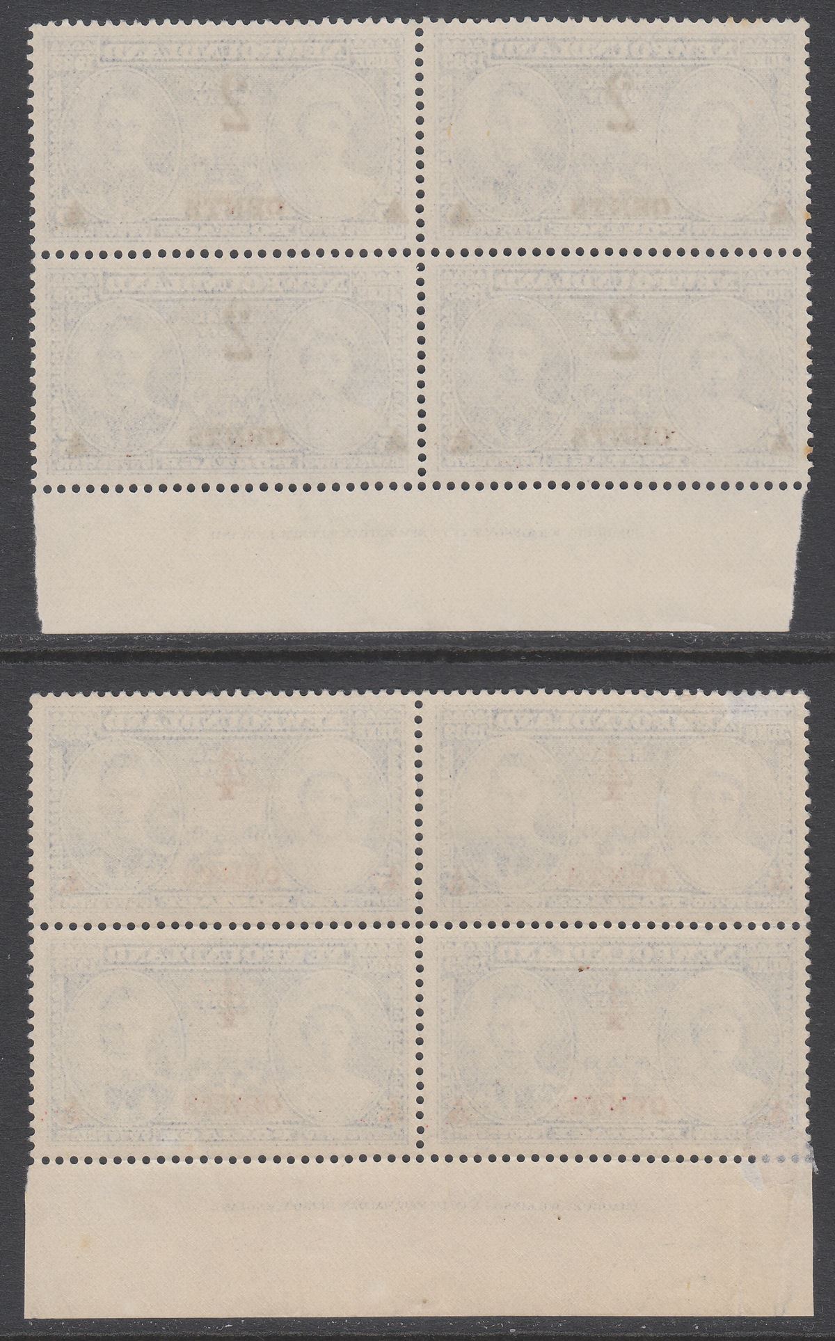 Newfoundland 1939 KGVI 2 on 5c, 4c on 5c Surcharge Imprint Blocks Mint SG273-274