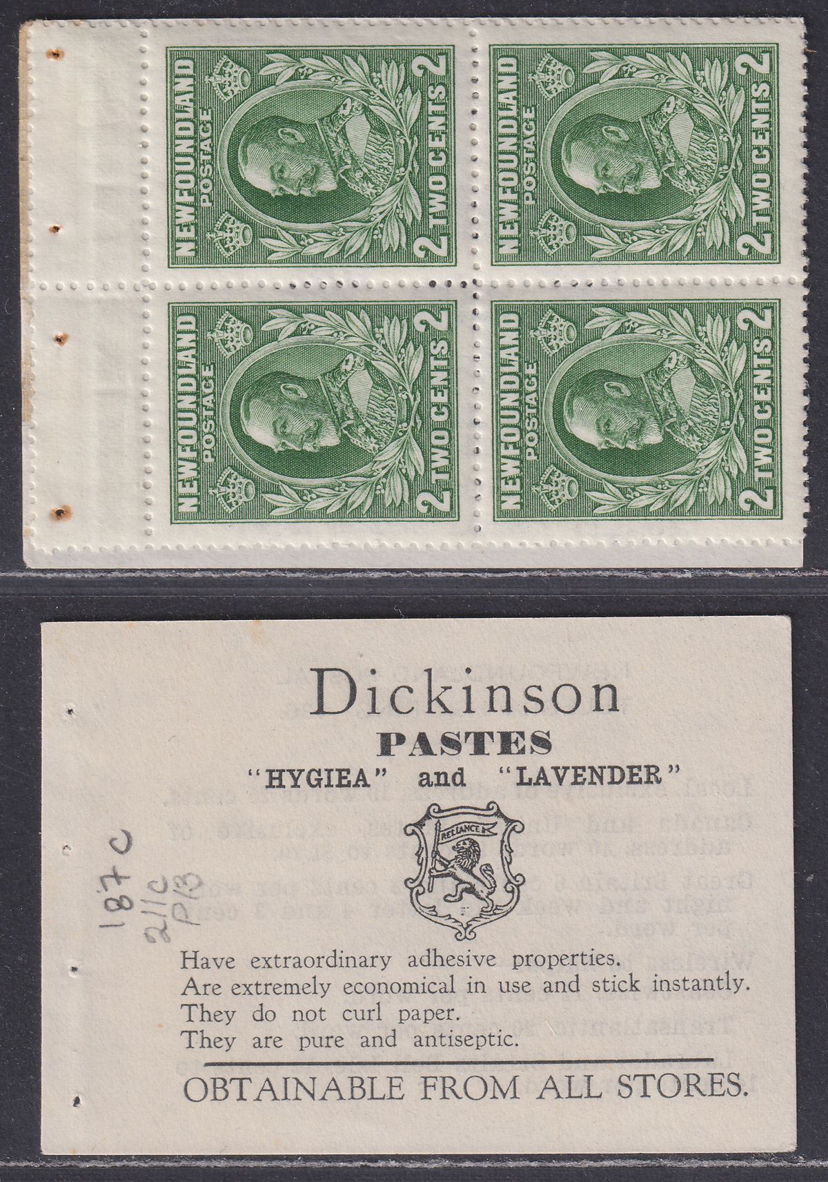 Newfoundland 1932 KGV 2c Green p14 Booklet Pane Mint SG223c