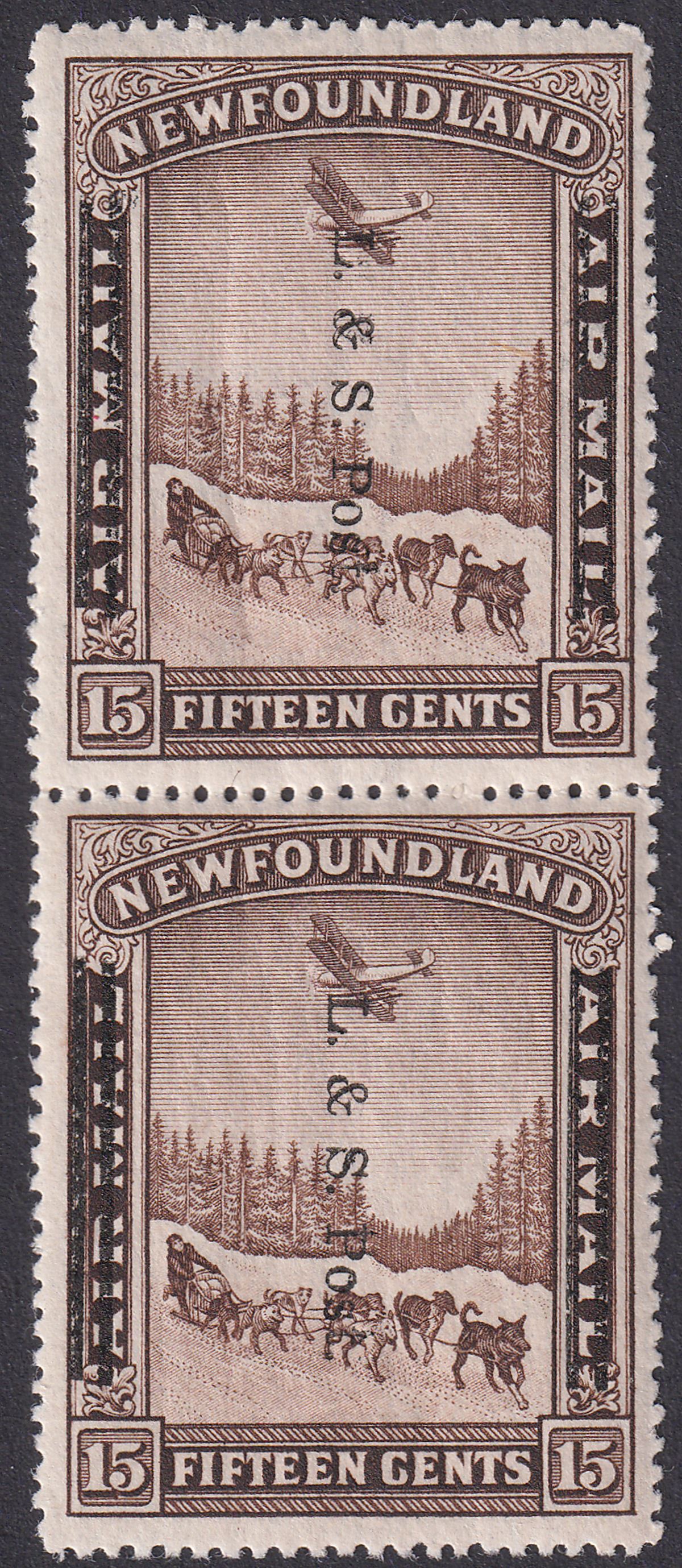 Newfoundland 1933 KGV 15c Chocolate Opt Pair, One Without Wmk Mint SG229a cat£30