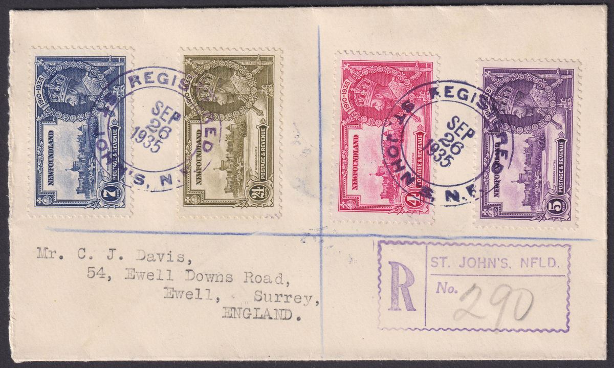 Newfoundland 1935 KGV Silver Jubilee Set Used on Registered Cover to UK