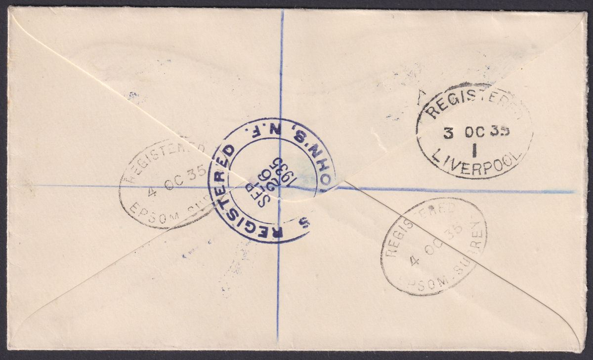 Newfoundland 1935 KGV Silver Jubilee Set Used on Registered Cover to UK
