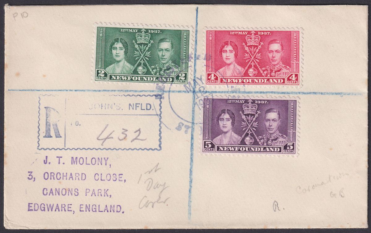 Newfoundland 1937 KGVI Coronation Set Used on Registered First Day Cover 