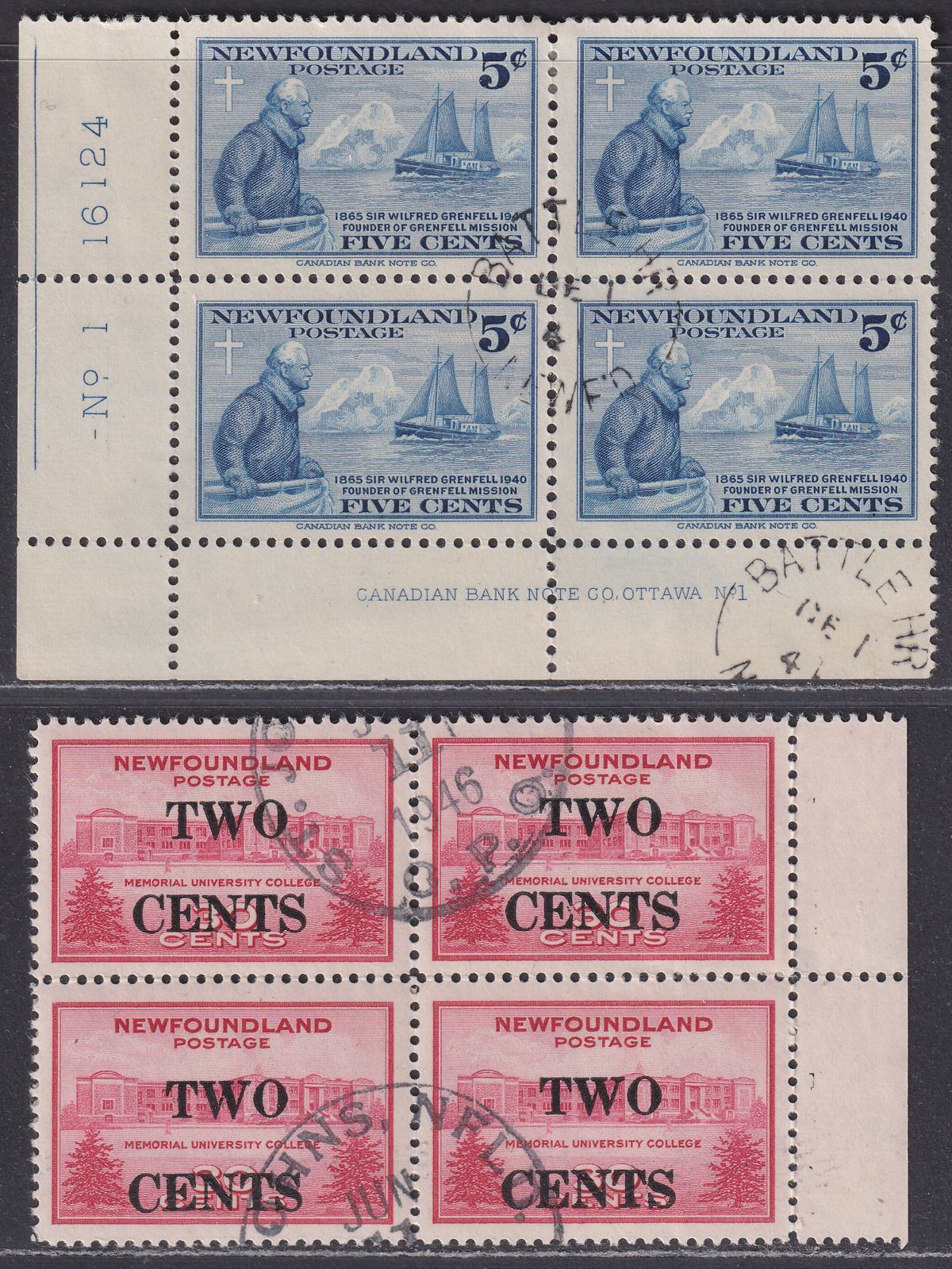 Newfoundland 1941-46 KGVI Grenfell 5c Blue, 2c on 30c Carmine Blocks of 4 Used
