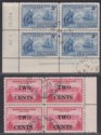 Click for more photos and details Newfoundland 1941-46 KGVI Grenfell 5c Blue, 2c on 30c Carmine Blocks of 4 Used