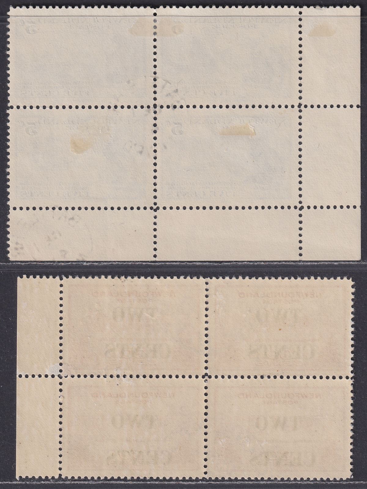 Newfoundland 1941-46 KGVI Grenfell 5c Blue, 2c on 30c Carmine Blocks of 4 Used