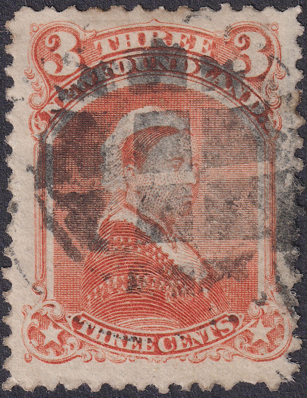 Newfoundland 1870 QV 3c Vermilion Used with Cork Cancel SG36 cat £130