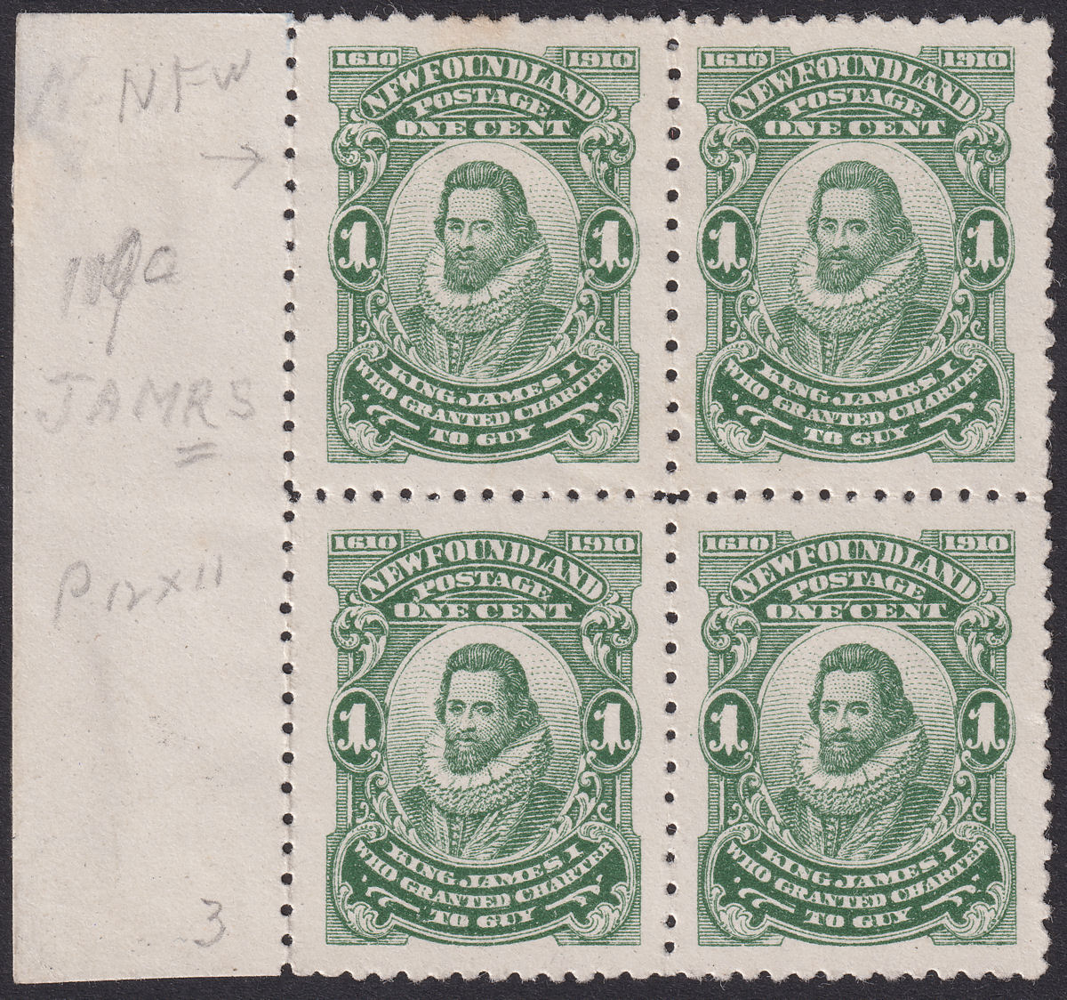 Newfoundland 1910 KGV 1c Block p12x11 NFWFOUNDLAND / JAMRS Varieties Mint cat£90