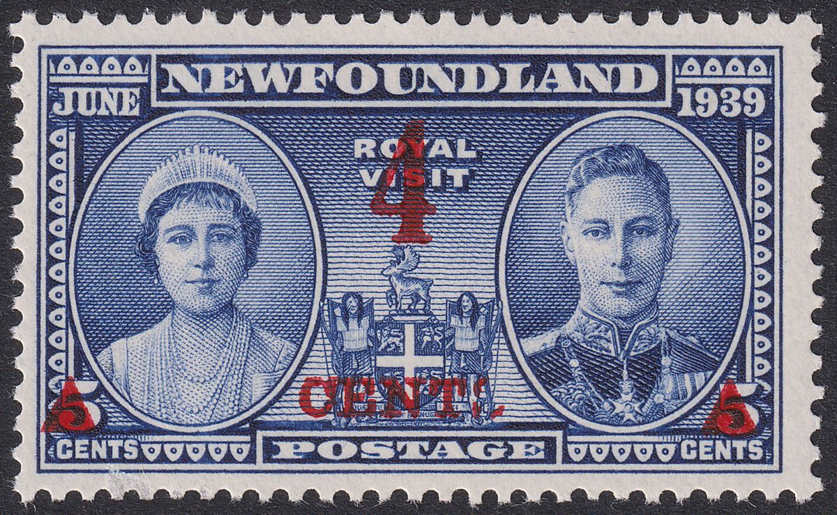 Newfoundland 1939 KGVI 4c on 5c CENTL Variety Mint SG274a cat £55 surface scrape