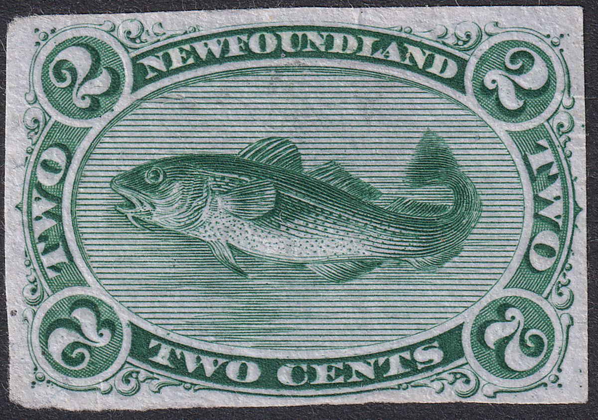 Newfoundland 1865 QV Cod 2c Green Plate Proof? Imperf Unused SG25P
