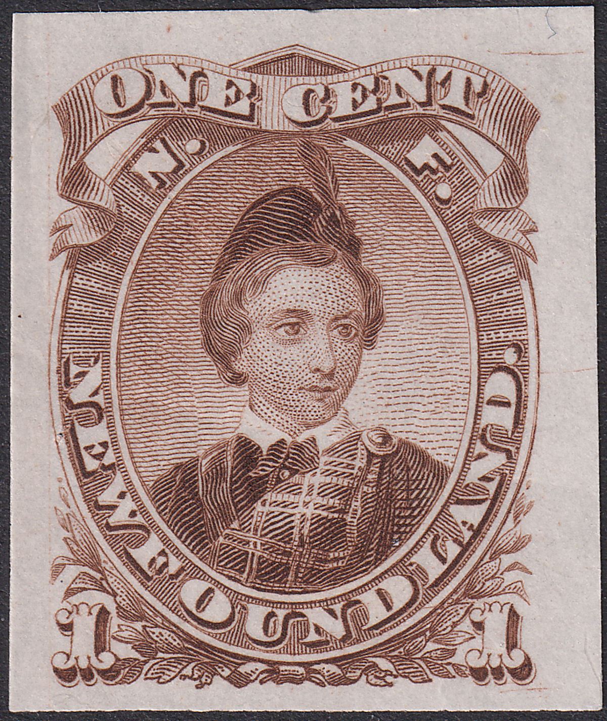 Newfoundland 1868 QV Prince Wales 1c Brown Colour Trial Imperf Thin Unused SG34P