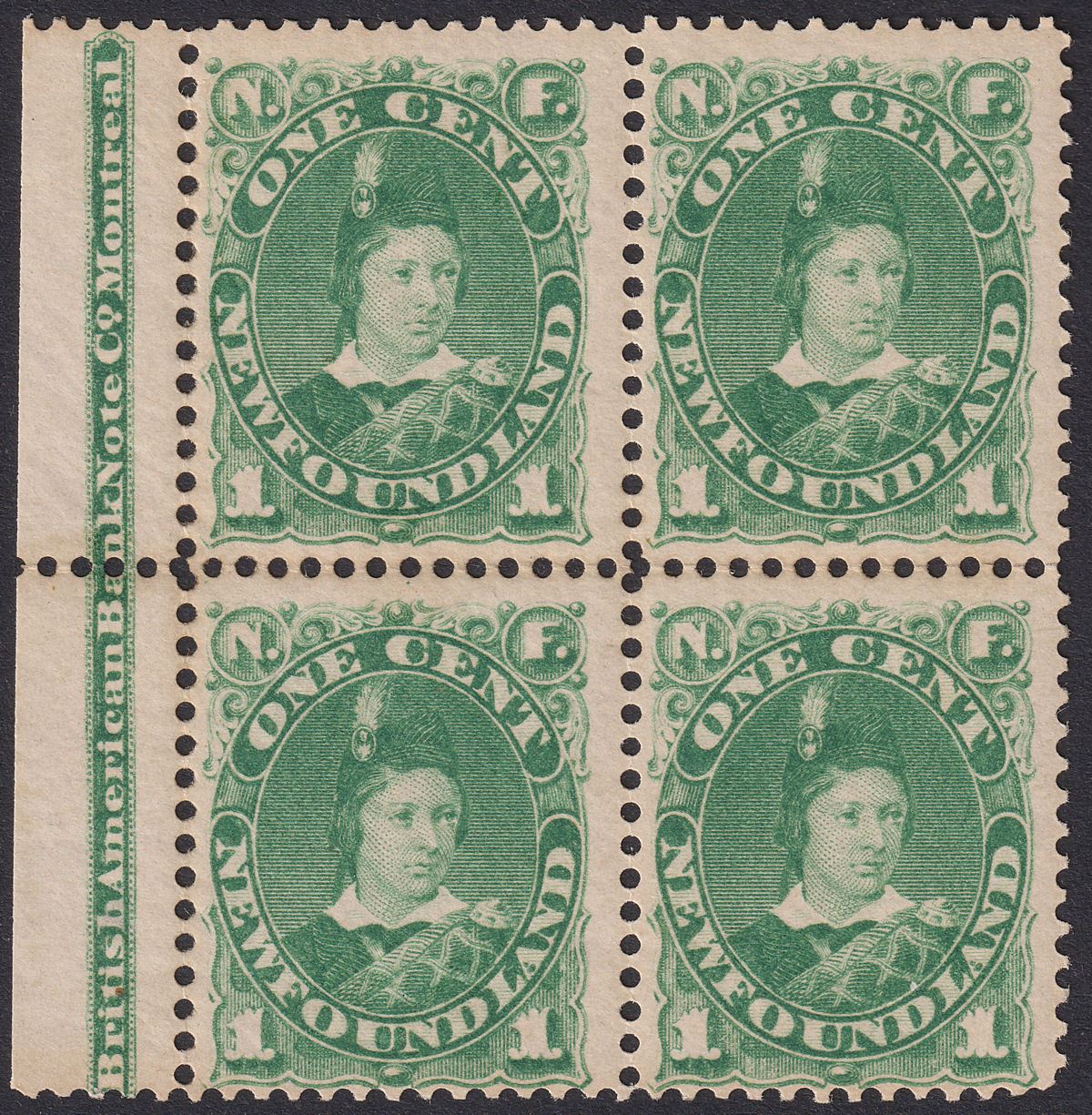 Newfoundland 1887 QV Prince of Wales 1c Green Imprint Block of 4 Mint SG50a