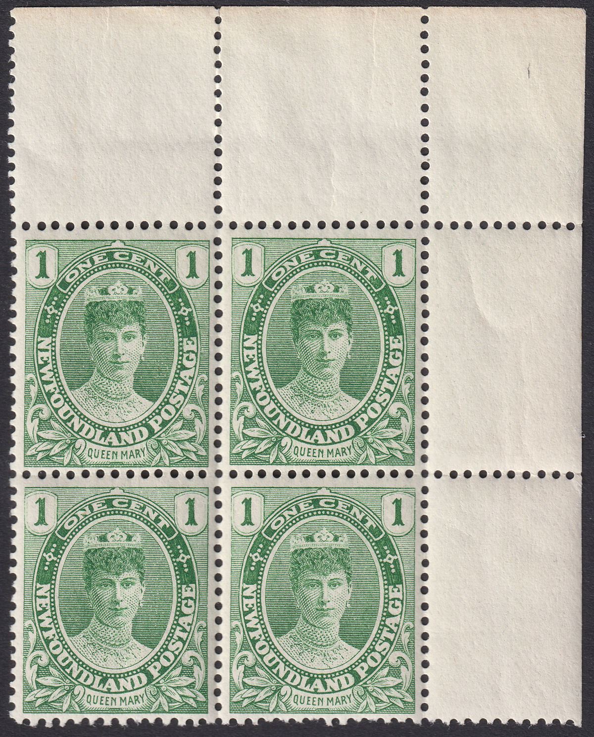 Newfoundland 1915 KGV Coronation 1c Blue-Green Corner Block 4 Mint SG117a c£100