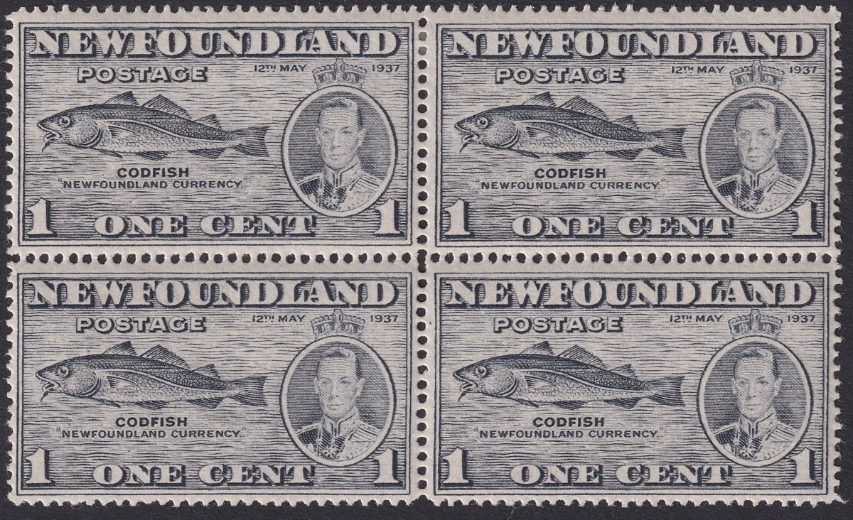 Newfoundland 1937 KGVI Coronation 1c p14 Block with Variety Fish-Hook SG257b