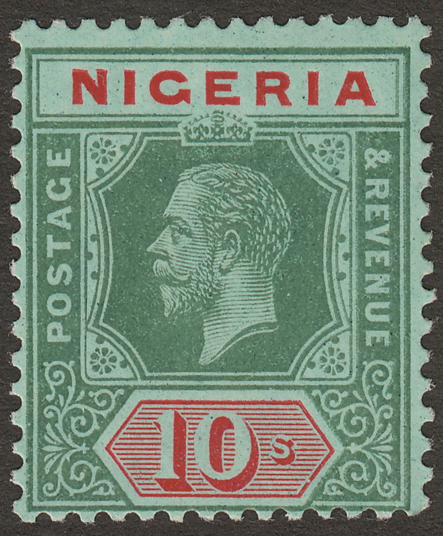 Nigeria 1914 KGV 10sh Green and Red on Blue-Green with White Back Mint SG11