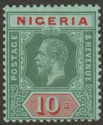 Click for more photos and details Nigeria 1914 KGV 10sh Green and Red on Blue-Green with White Back Mint SG11