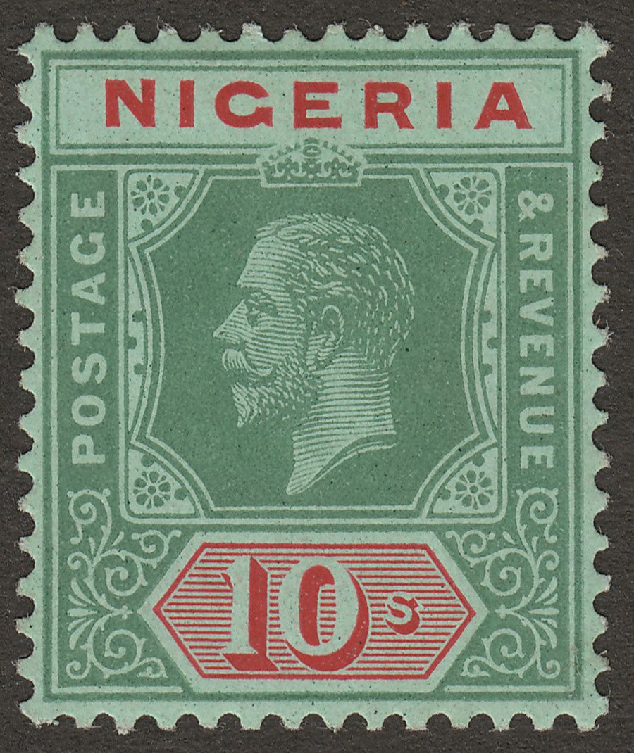 Nigeria 1915 KGV 10sh Green and Red on Blue-Green Mint SG11a