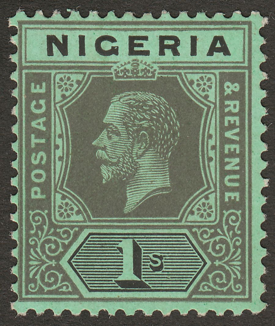 Nigeria 1920 KGV 1sh Black on Emerald with Pale Olive Back Mint SG8e