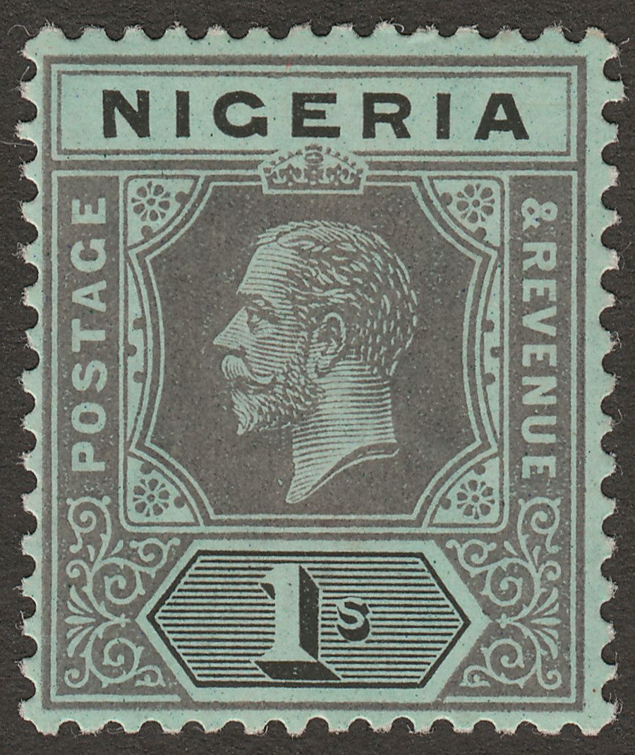 Nigeria 1914 KGV 1sh Black on Blue-Green with White Back Mint SG8