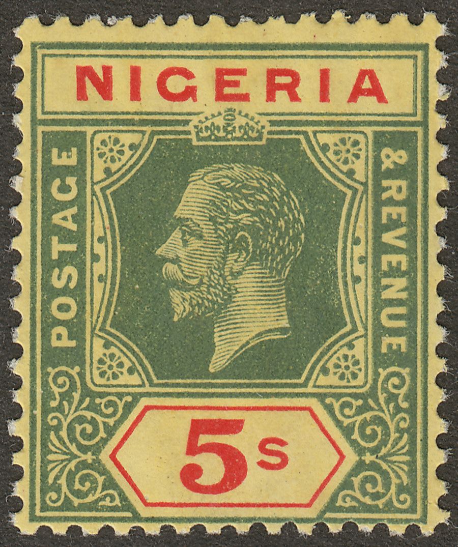 Nigeria 1914 KGV 5sh Green and Red on Yellow with White Back Mint SG10