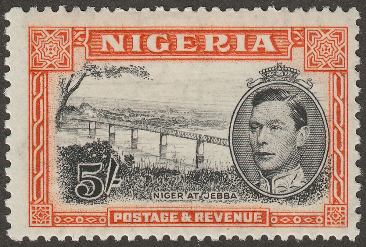 Nigeria 1938 KGVI 5sh Black and Orange perf 13x11½ Mint SG59