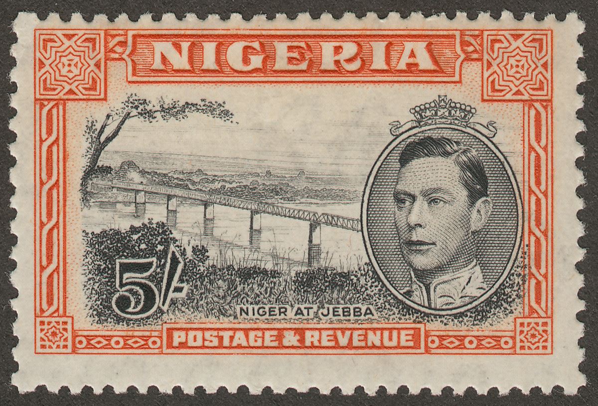 Nigeria 1938 KGVI 5sh Black and Orange perf 13x11½ Mint SG59