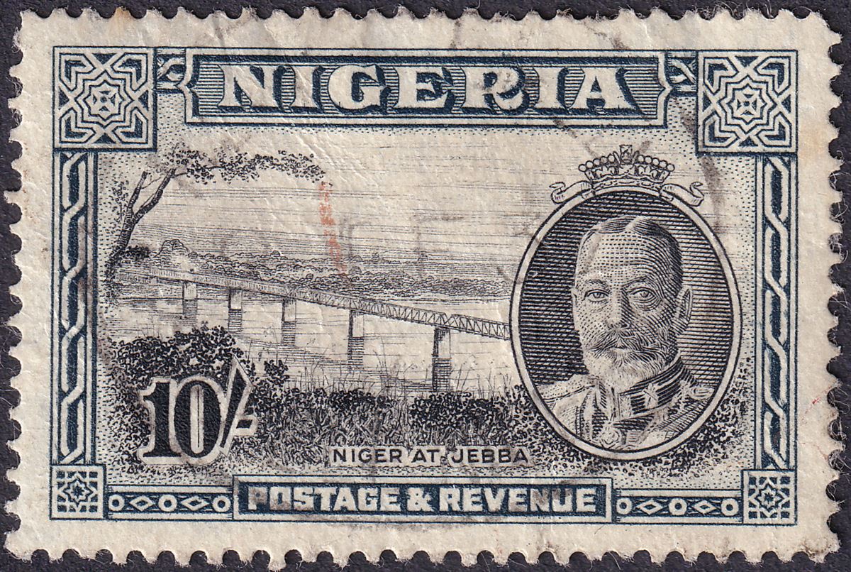 Nigeria 1936 KGV River Niger 10sh Black and Grey Used SG44 cat £150 FAULTS