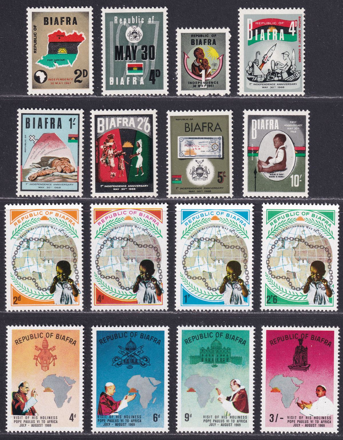 Biafra 1968-69 Selection Mint Nigeria inc Independence, Pope Paul Visit