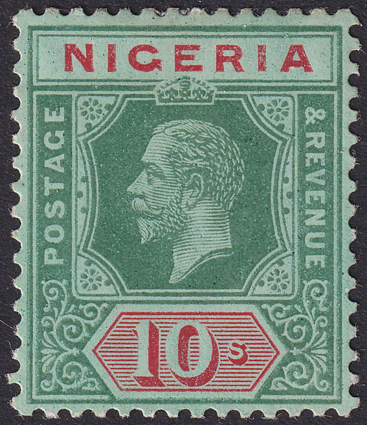 Nigeria 1914 KGV 10sh Green + Red on Blue-Green with White Back Mint SG11 cat£65
