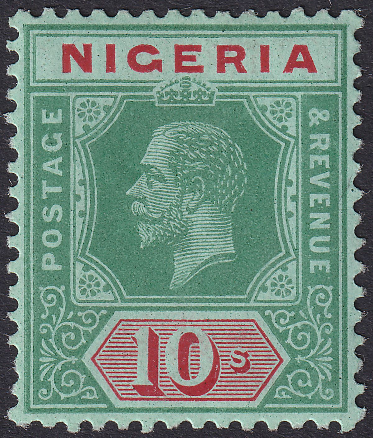 Nigeria 1915 KGV 10sh Green and Red on Blue-Green Mint SG11a cat £75