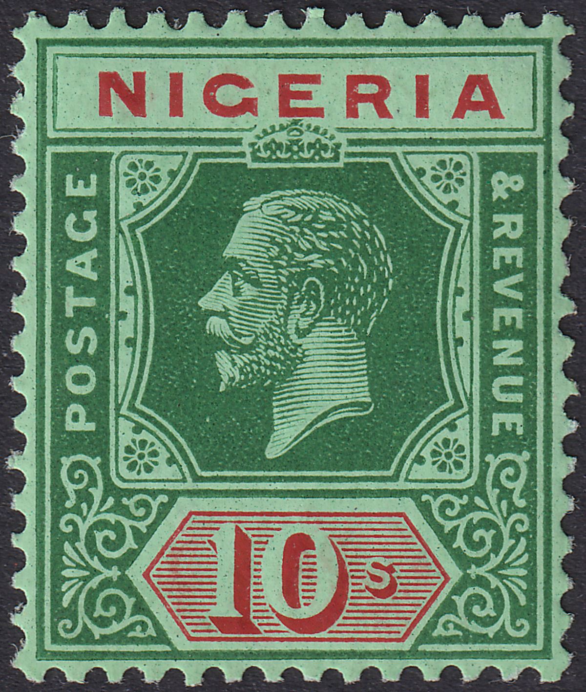 Nigeria 1925 KGV 10sh Green and Red on Green Die II Mint SG29 cat £75