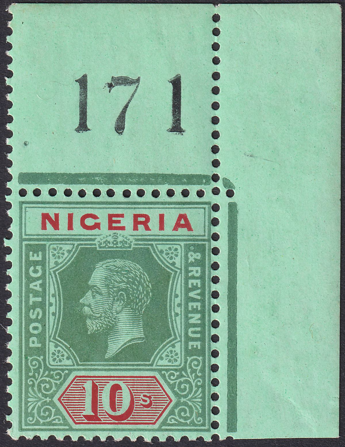 Nigeria 1920 KGV 10sh Green + Red on Emerald w Pale Olive Back Mint SG11c c£160