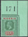 Click for more photos and details Nigeria 1920 KGV 10sh Green + Red on Emerald w Pale Olive Back Mint SG11c c£160