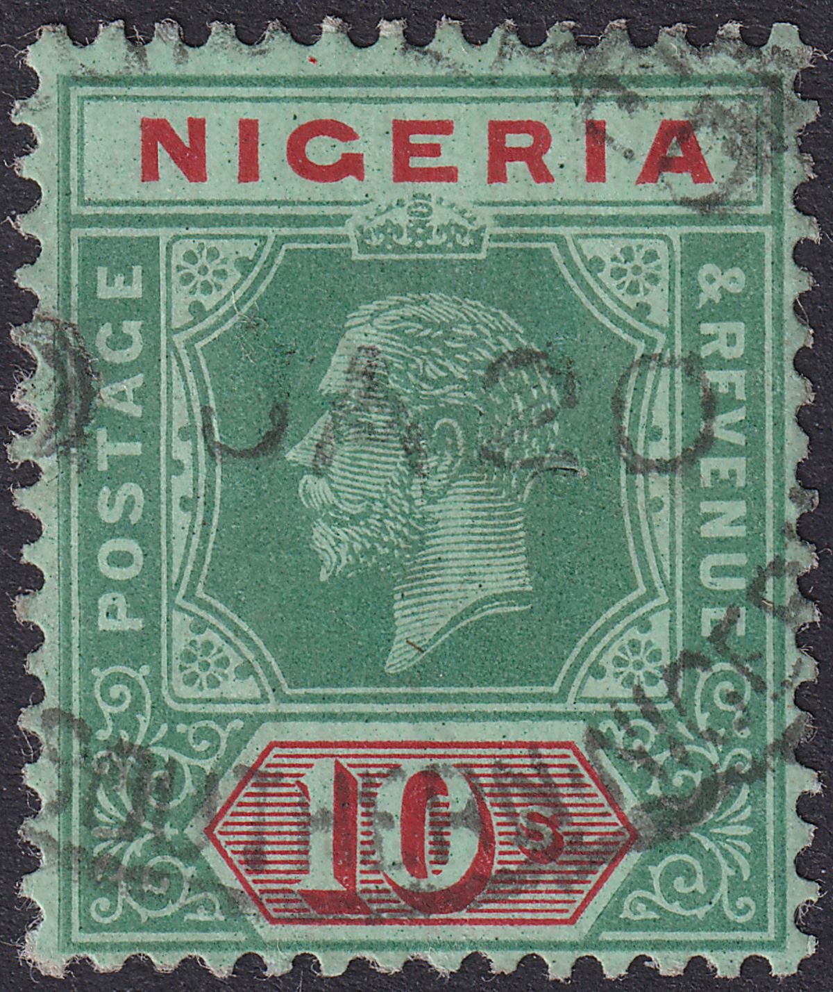 Nigeria 1915 KGV 10sh Green and Red on Blue-Green Used SG11a cat £110