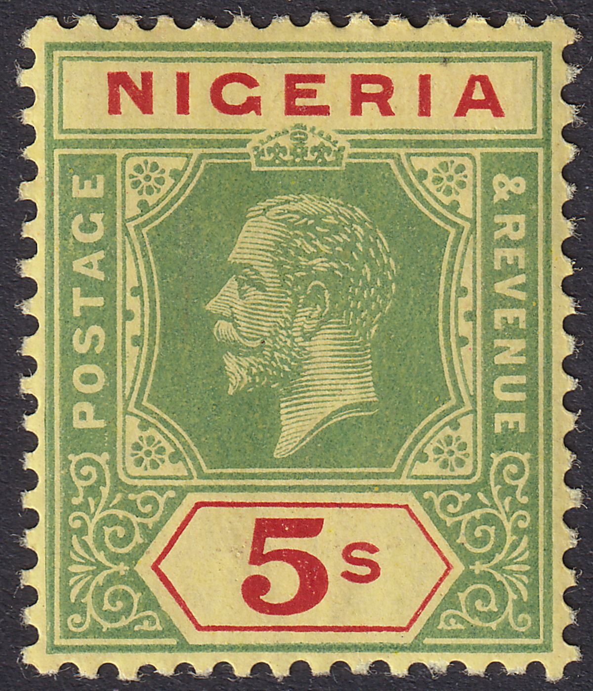 Nigeria 1915 KGV 5sh Green and Red on Yellow with Lemon Back Mint SG10a cat £24