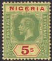 Click for more photos and details Nigeria 1915 KGV 5sh Green and Red on Yellow with Lemon Back Mint SG10a cat £24