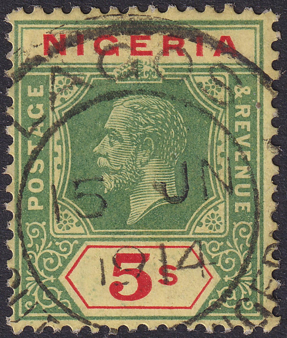 Nigeria 1914 KGV 5sh Green and Red on Yellow with White Back Used SG10 cat £65