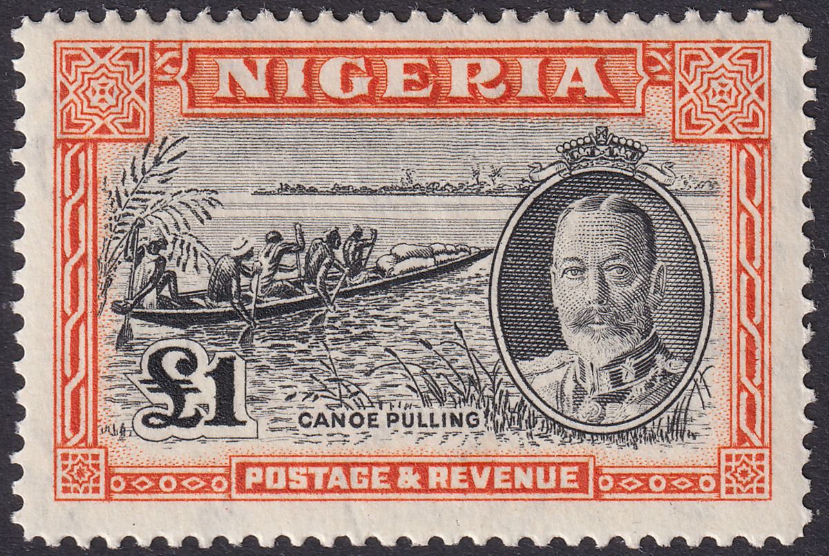 Nigeria 1936 KGV Canoe Pulling £1 Black and Orange Mint SG45 cat £160