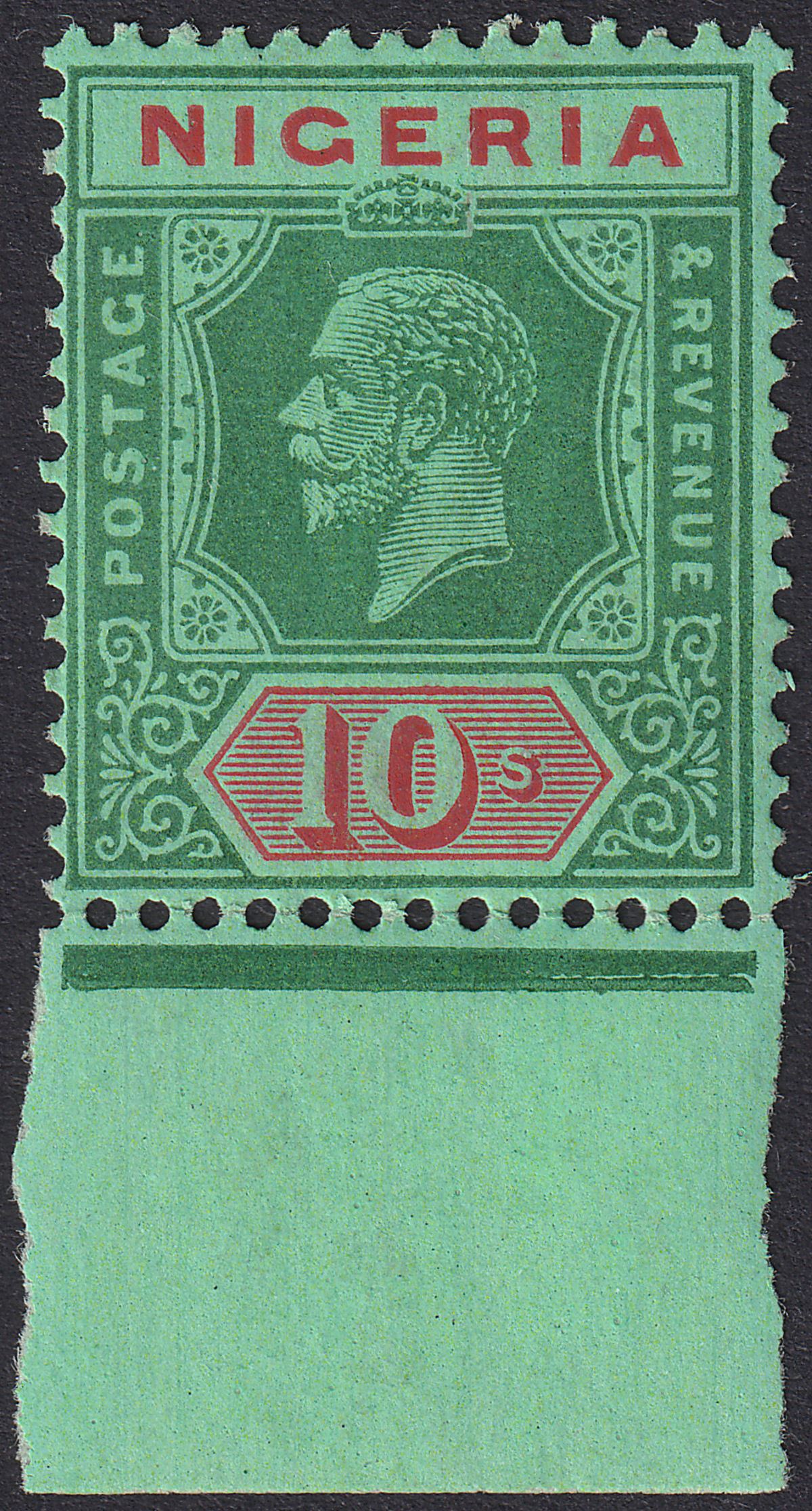 Nigeria 1925 KGV 10sh Green and Red on Green Die II Mint SG29 cat £75