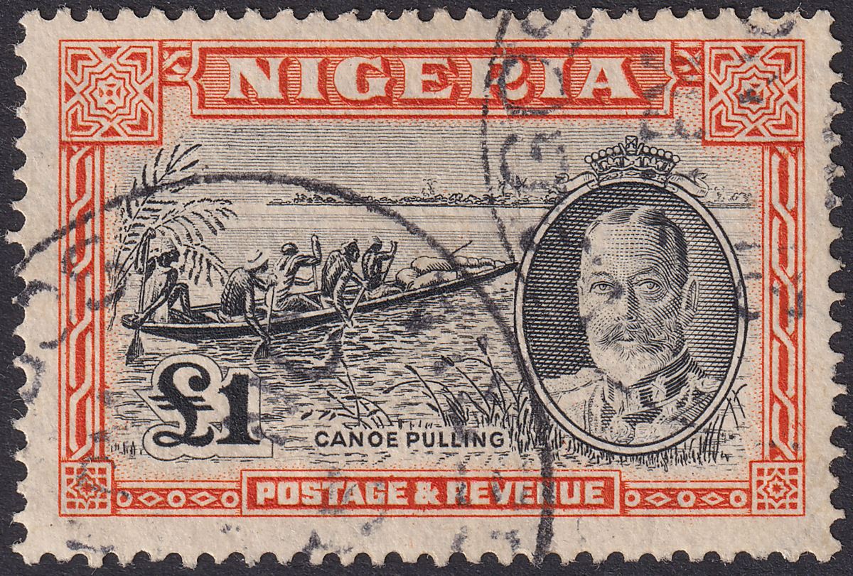 Nigeria 1936 KGV Canoe Pulling £1 Black and Orange Used SG45 cat £250