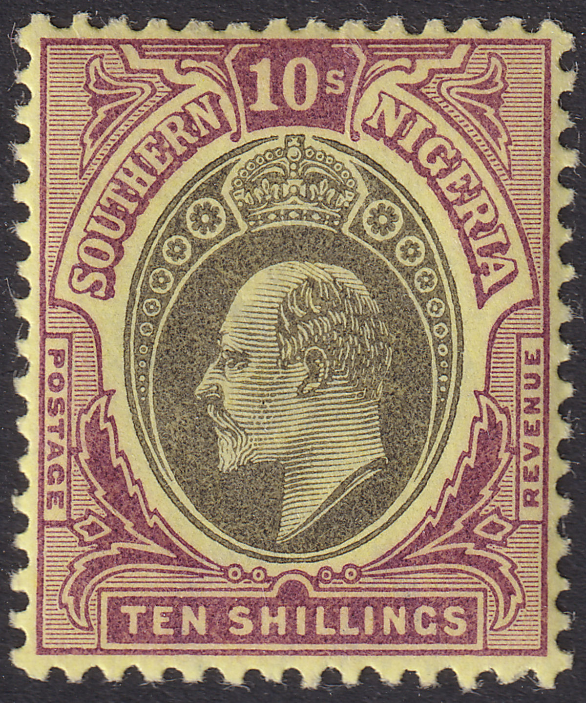 Southern Nigeria 1903 KEVII 10sh Grey-Black + Purple on Yellow Mint SG19 cat £55