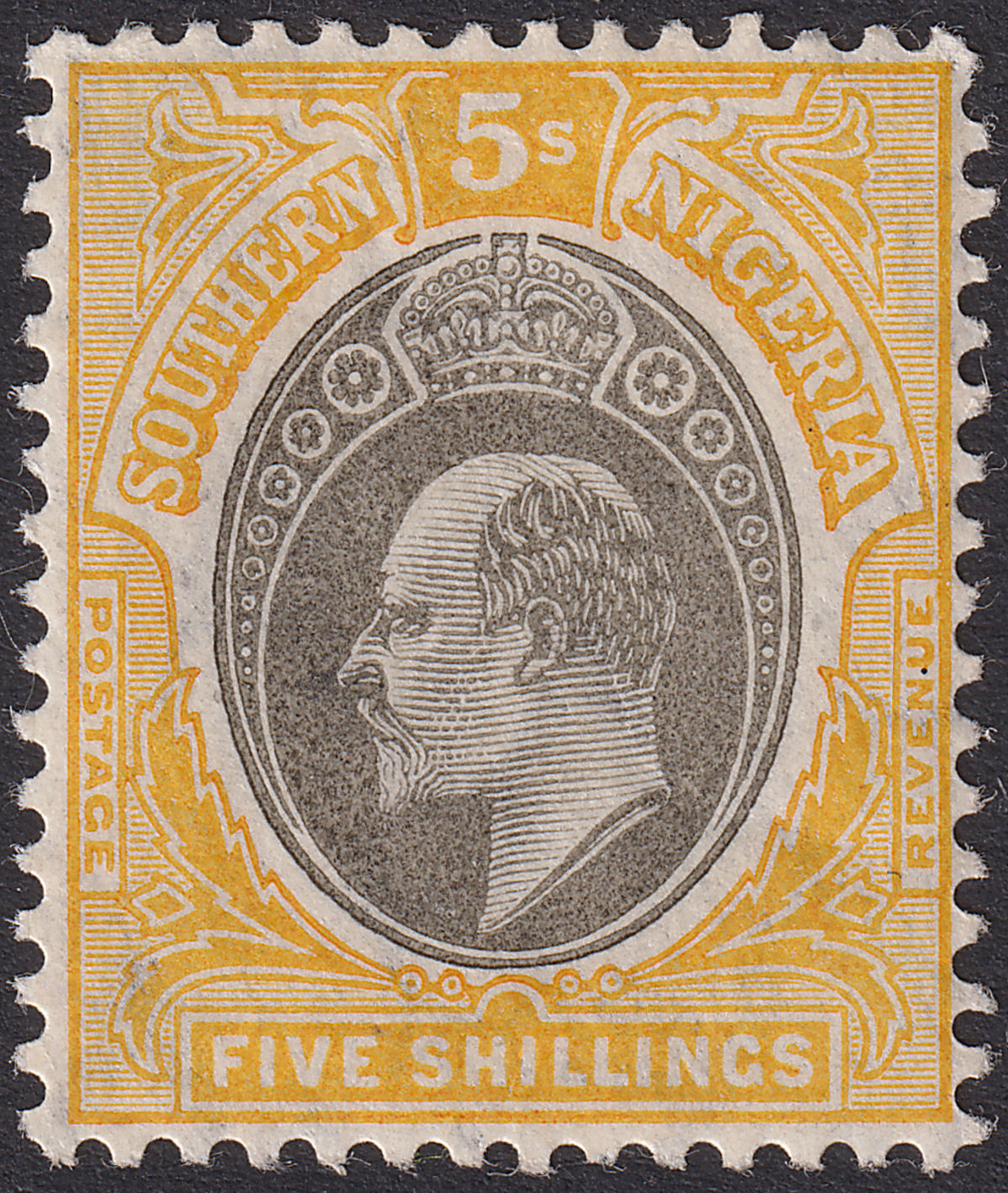 Southern Nigeria 1907 KEVII 5sh Grey-Black + Yellow Ord Paper Mint SG30 cat £65