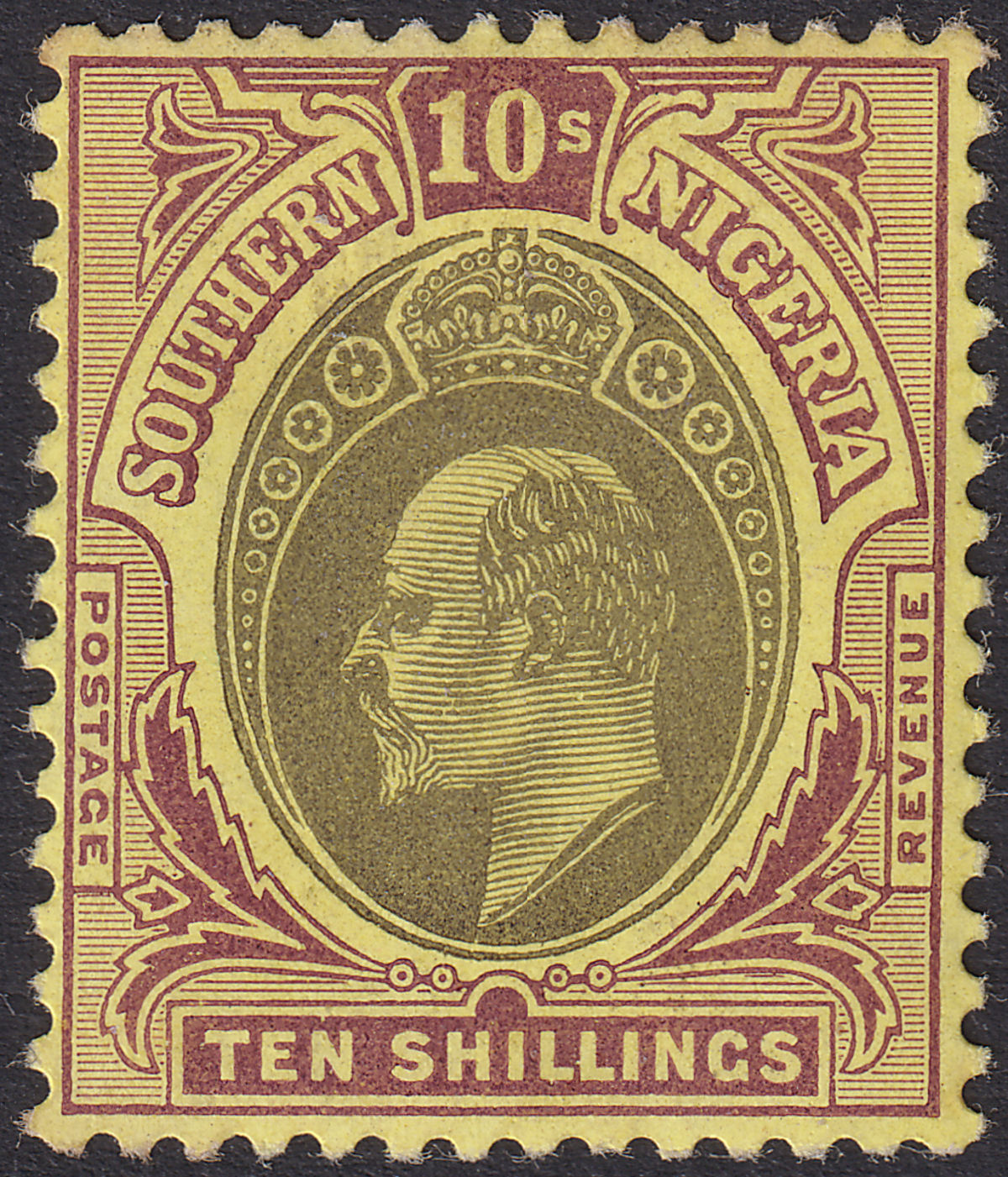 Southern Nigeria 1908 KEVII 10sh Grey-Black + Purple on Yellow Mint SG31 cat£170