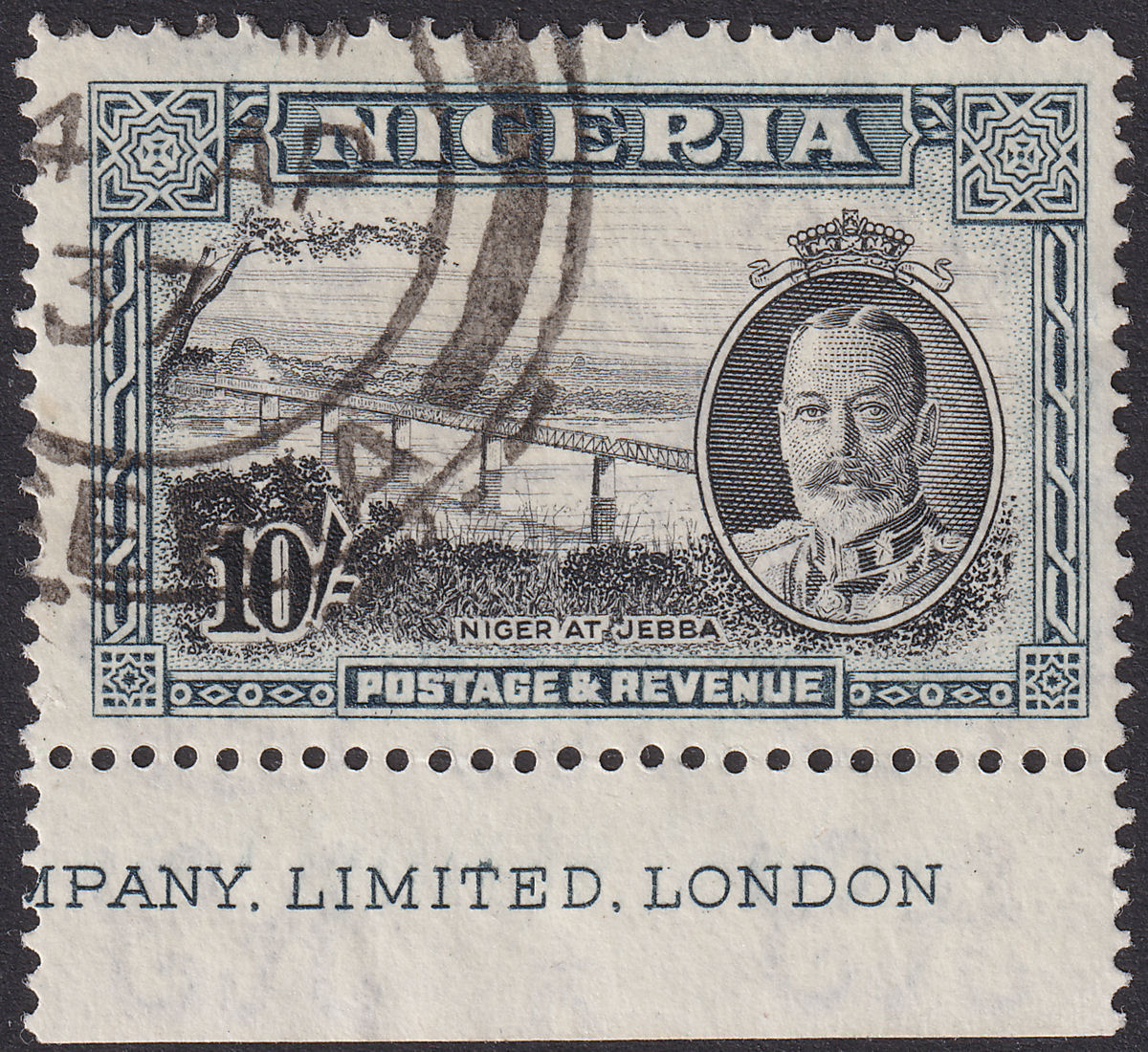 Nigeria 1936 KGV River Niger 10sh Black and Grey Used SG44 cat £150