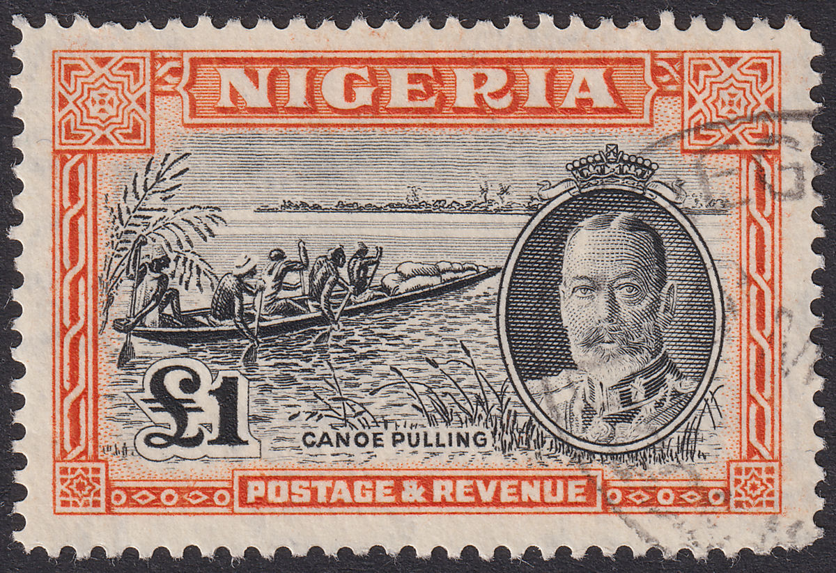 Nigeria 1936 KGV Canoe Pulling £1 Black and Orange Used SG45 cat £250