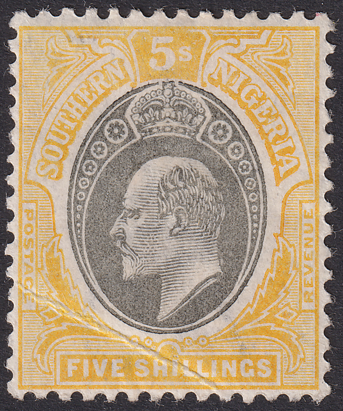 Southern Nigeria 1903 KEVII 5sh Grey-Black and Yellow Mint SG18 cat £90 CREASE