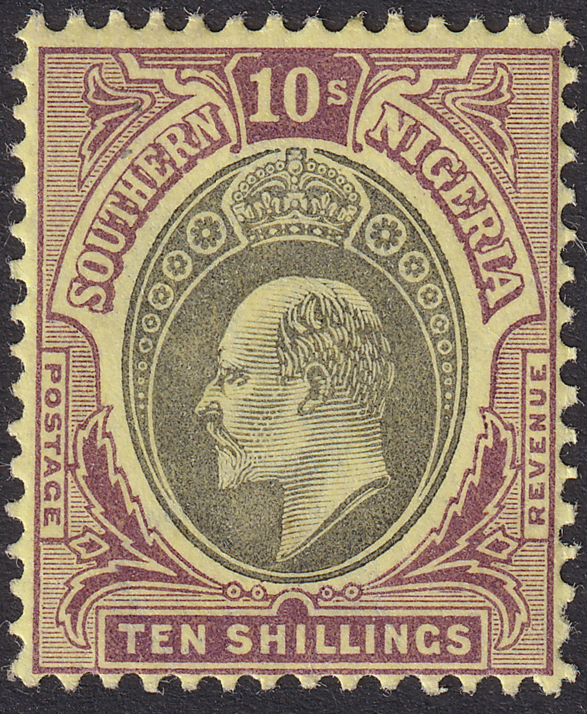 Southern Nigeria 1903 KEVII 10sh Grey-Black + Purple on Yellow Mint SG19 cat £55