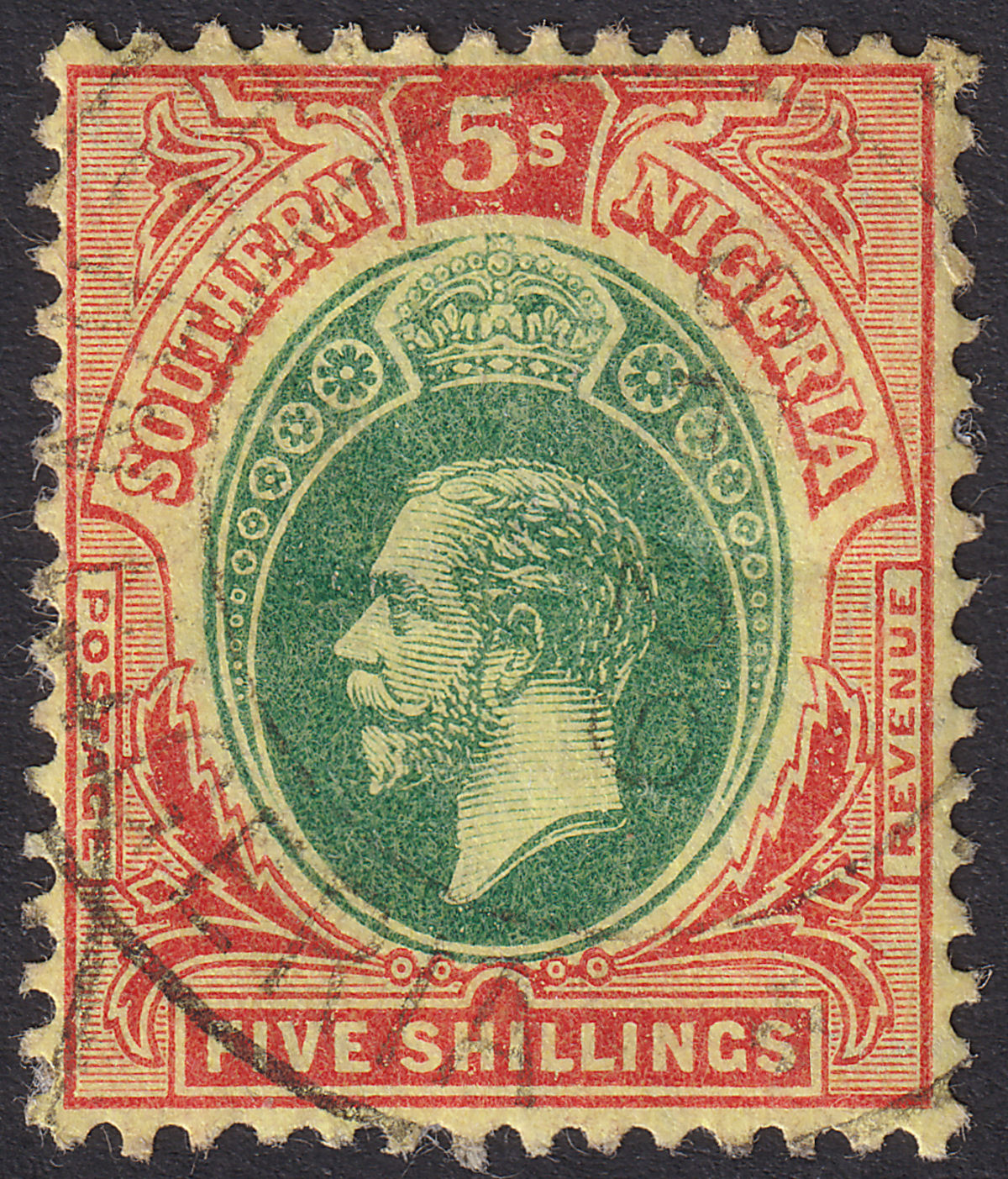 Southern Nigeria 1912 KGV 5sh Green and Red on Yellow Used SG54 cat £80 CREASE
