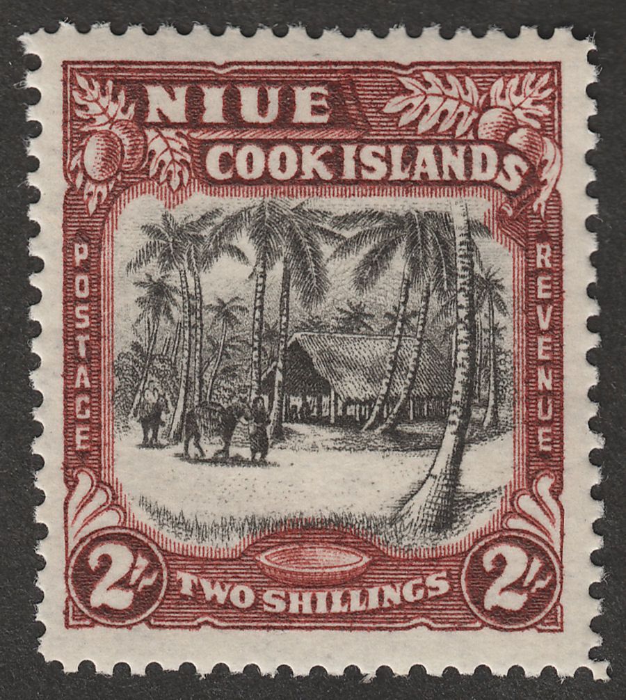 Niue 1938 KGVI Village 2sh Black and Red-Brown wmk Single Mint SG76