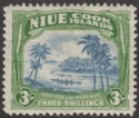 Click for more photos and details Niue 1938 KGVI Canoe 3sh Blue and Yellowish Green wmk Single Mint SG77